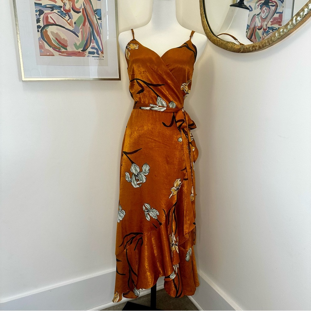 Silky Mustard Gold Midi Wrap Dress Size S Figure Flattering - Perfect for Events